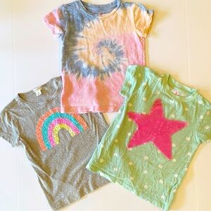 Crewcuts Girls Short Sleeve Tee Bundle - Pink Tie-Dye, Gray Rainbow, Mint Star